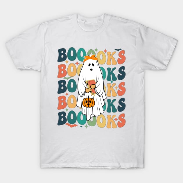 Halloween Booooks Ghost Funny Halloween Books Read Teacher T-Shirt T-Shirt by drag is art